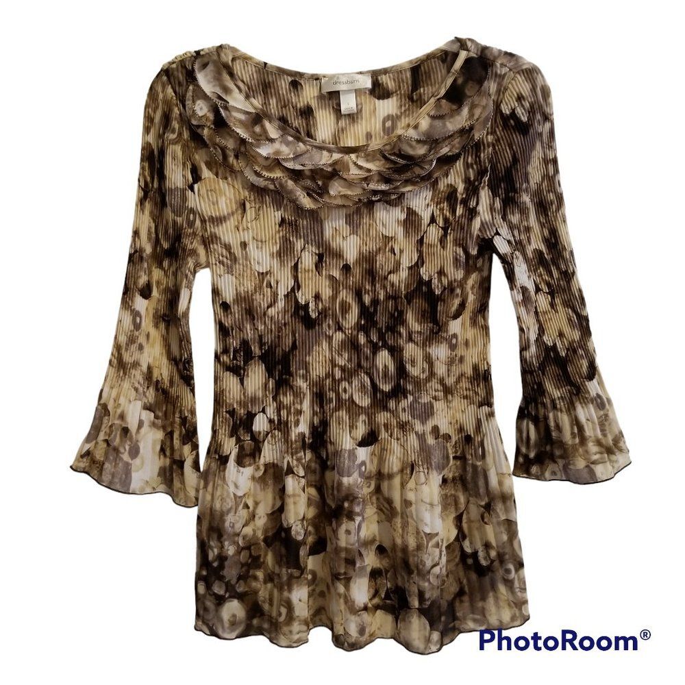Dressbarn Accordion Pleat 3/4 Sleeve Tunic Blouse Top Sz S Layered Shell Detail